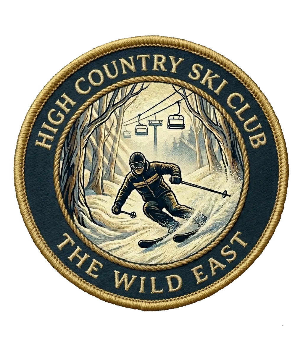 Organic tee circular Ski Club logo patch with skier and trees graphic