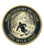 Organic tee circular Ski Club logo patch with skier and trees graphic
