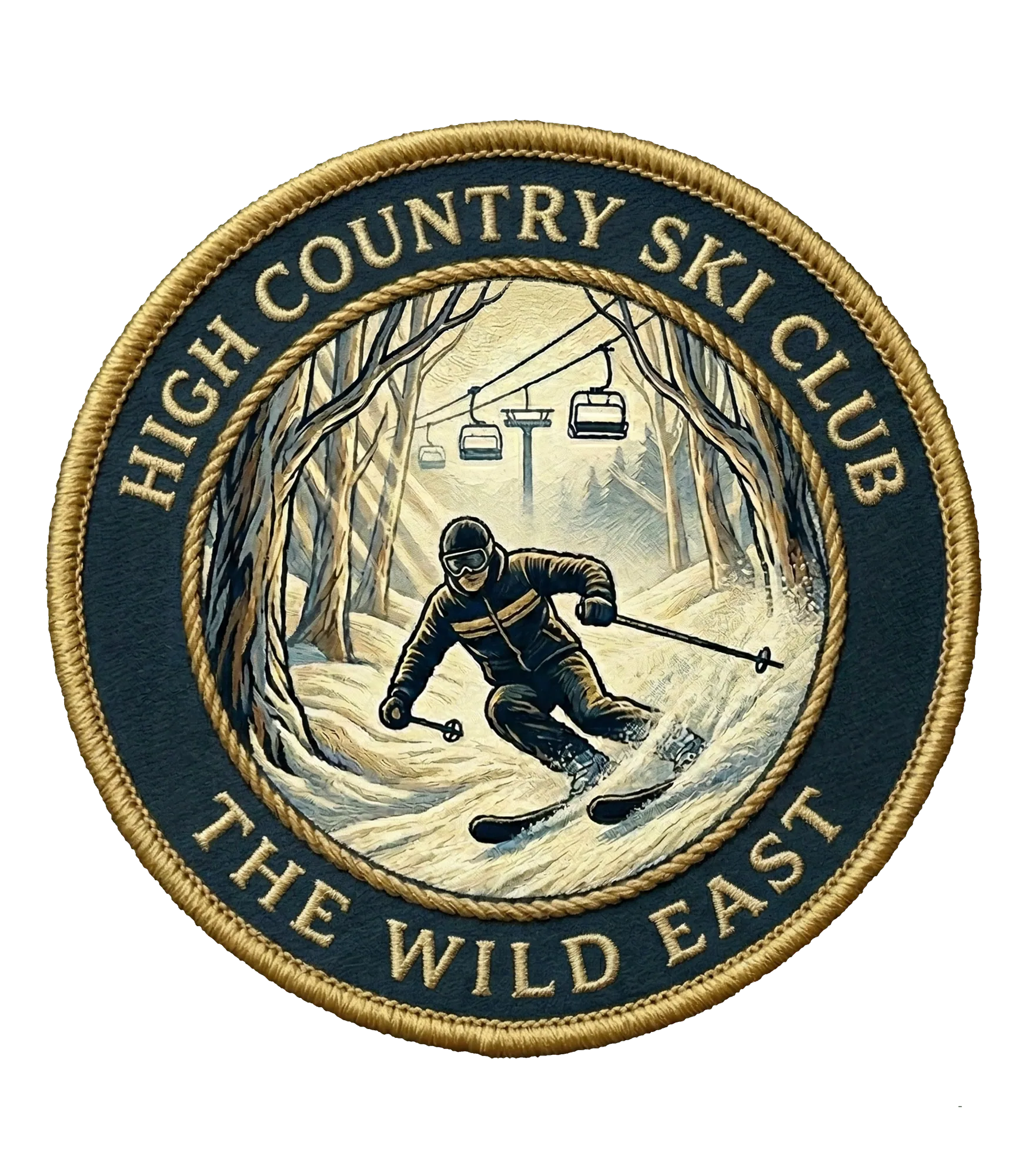 Organic tee circular Ski Club logo patch with skier and trees graphic