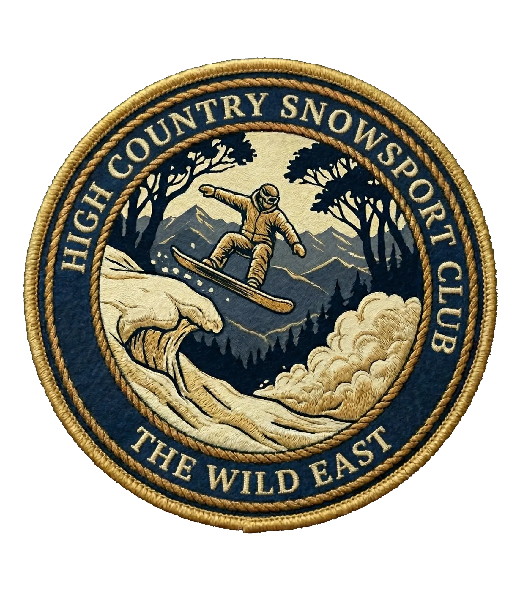 Organic tee graphic patch with circular snowboard club emblem and mountain scene