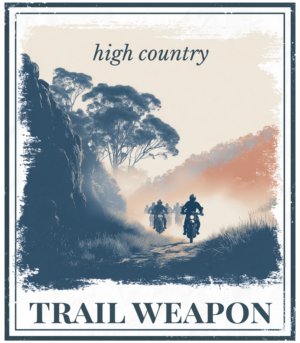 Square graphic print with text 'high country' and 'TRAIL WEAR ON' featuring cyclists