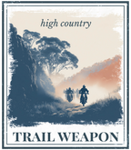 Square graphic print with text 'high country' and 'TRAIL WEAR ON' featuring cyclists