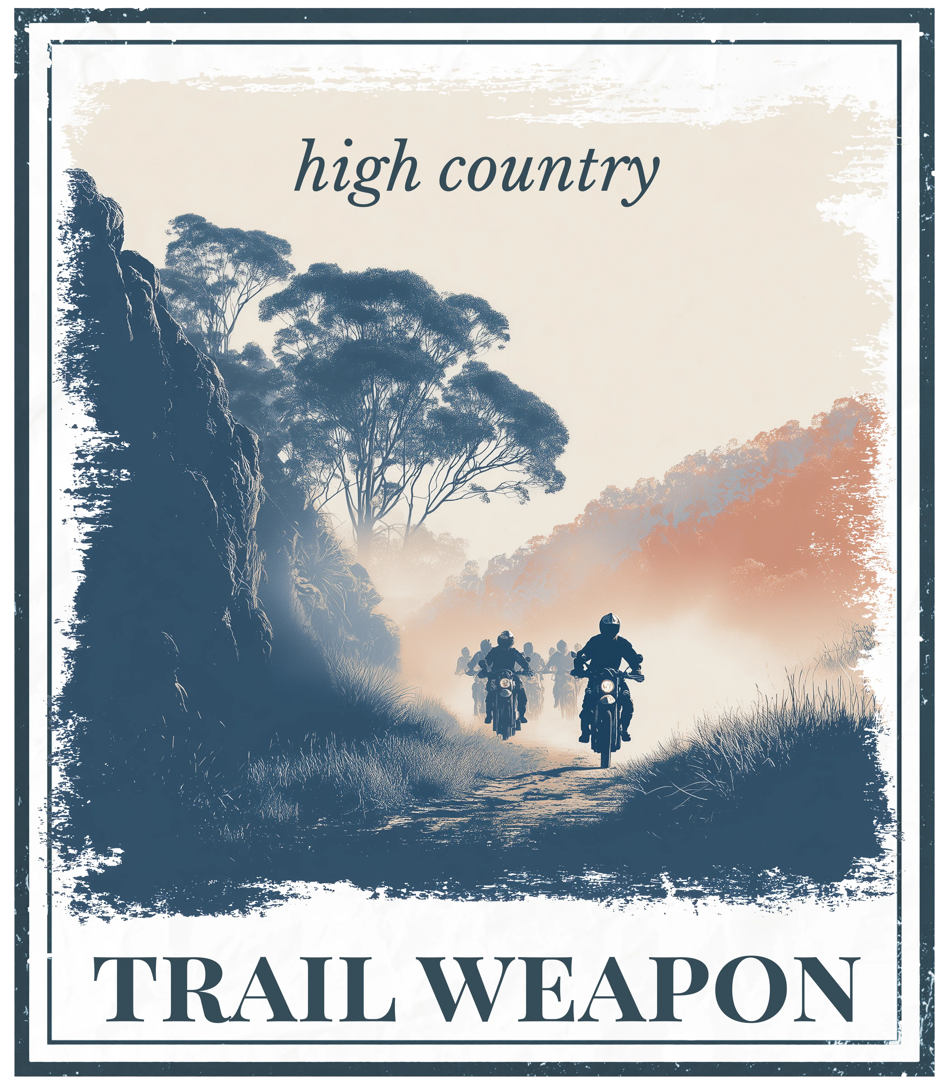Square graphic print with text 'high country' and 'TRAIL WEAR ON' featuring cyclists