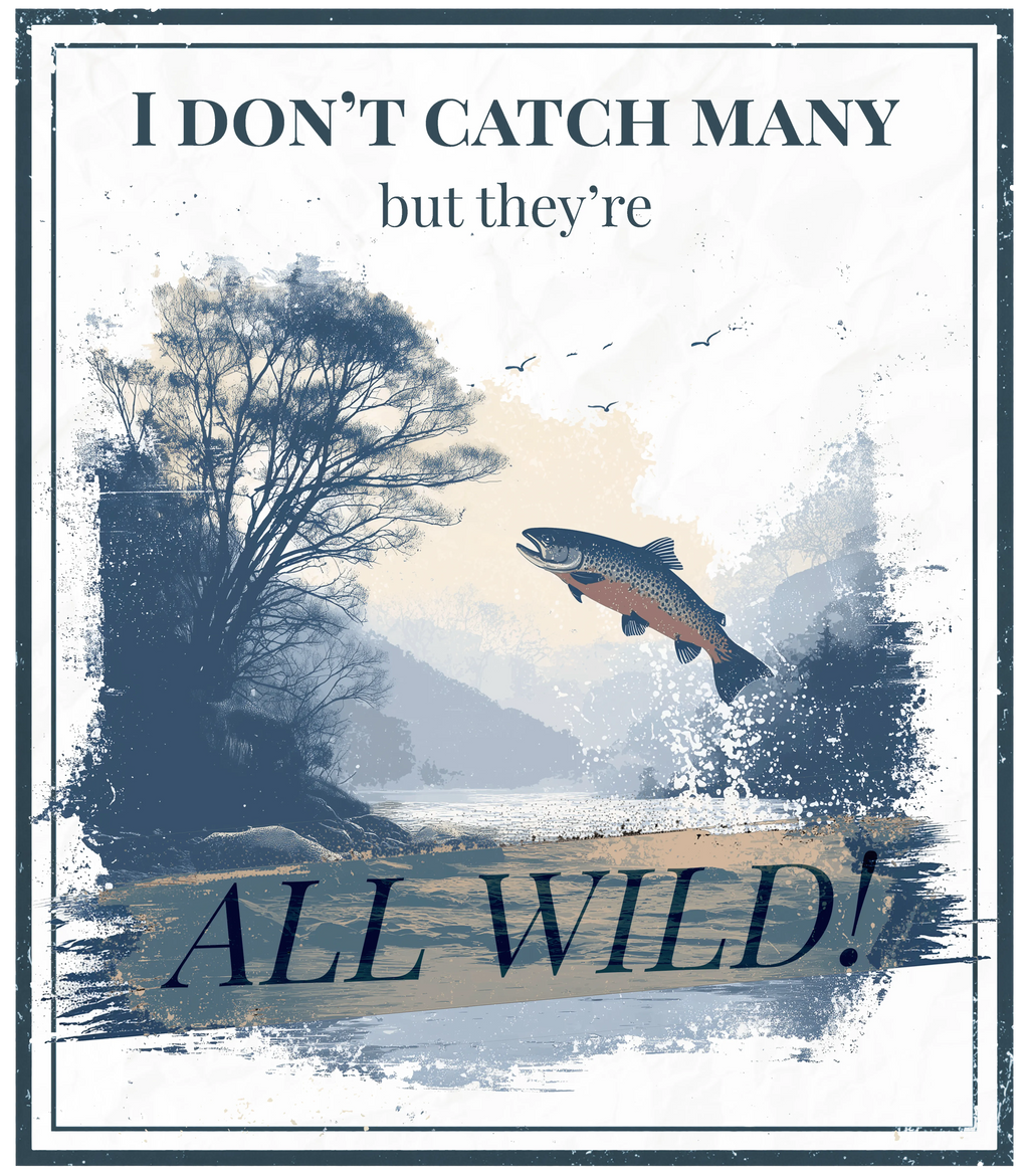Square outdoor graphic print with trees, fish, and "ALL WILD!" text