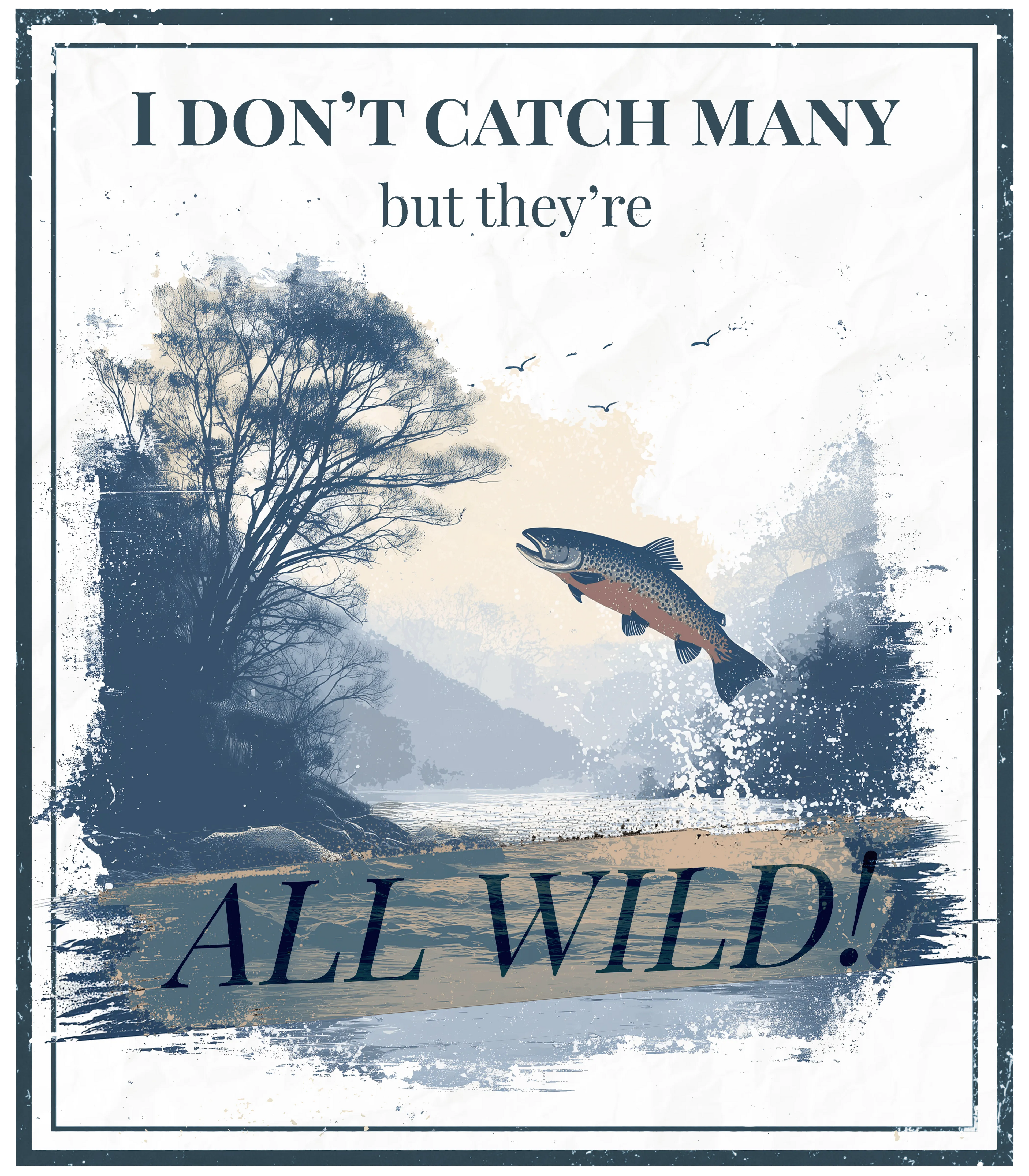 Square outdoor graphic print with trees, fish, and "ALL WILD!" text