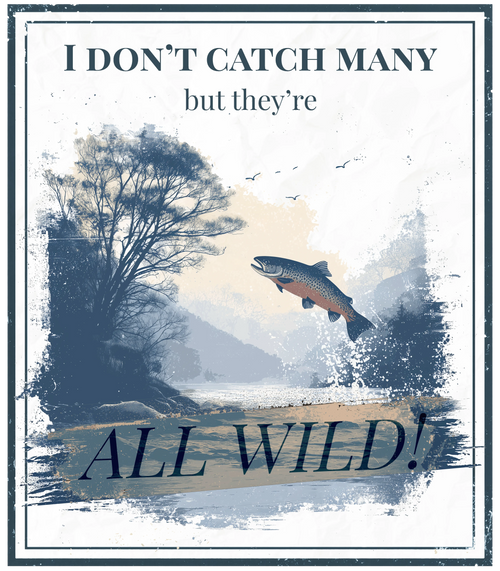 Square outdoor graphic print with trees, fish, and "ALL WILD!" text