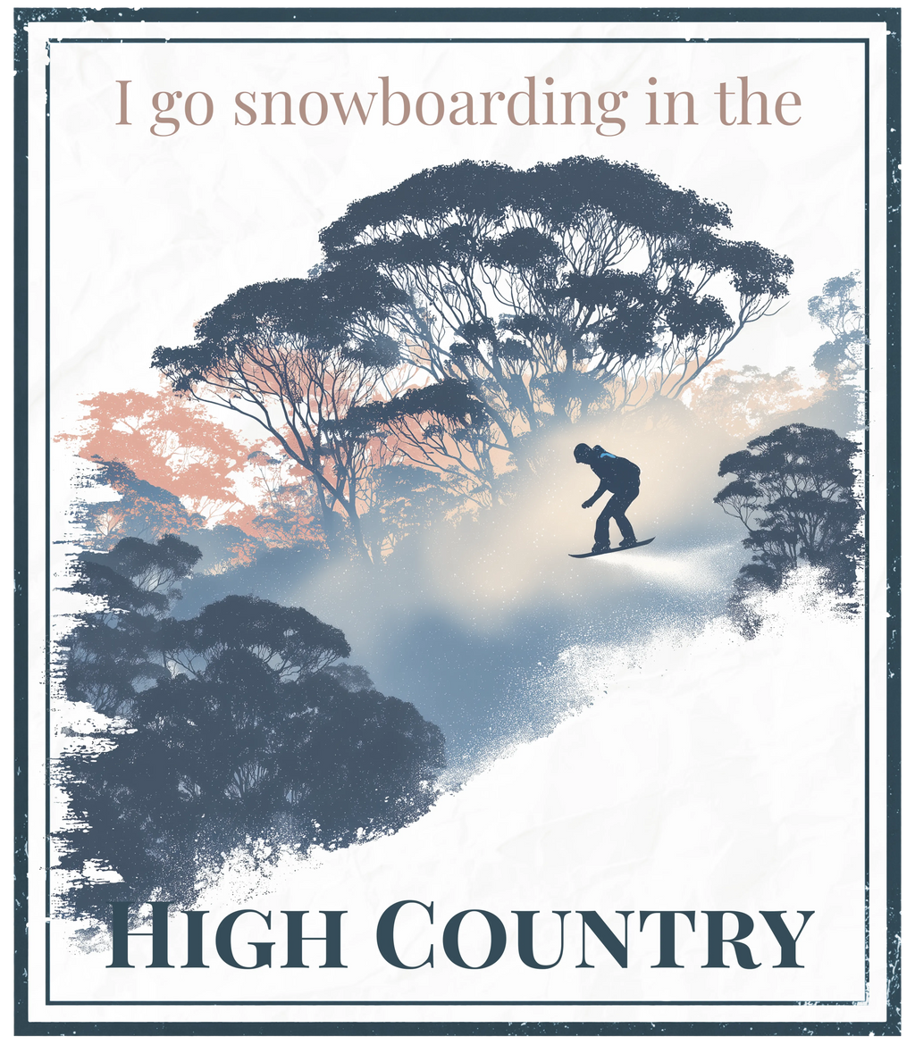High Country print with snowboarder silhouette and quote text