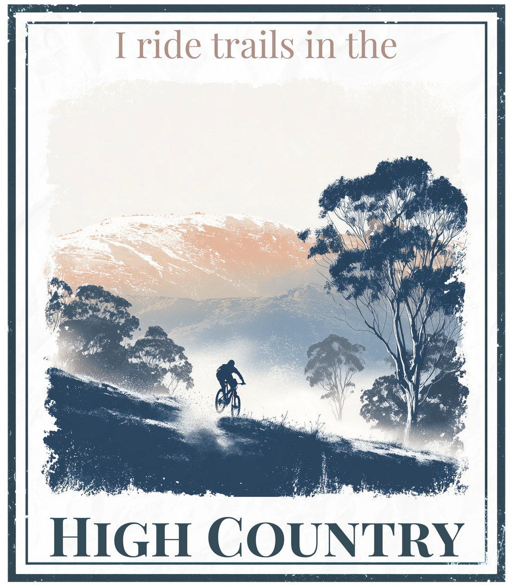 High Country hoodie graphic with cyclist, mountains, trees, and HIGH COUNTRY text