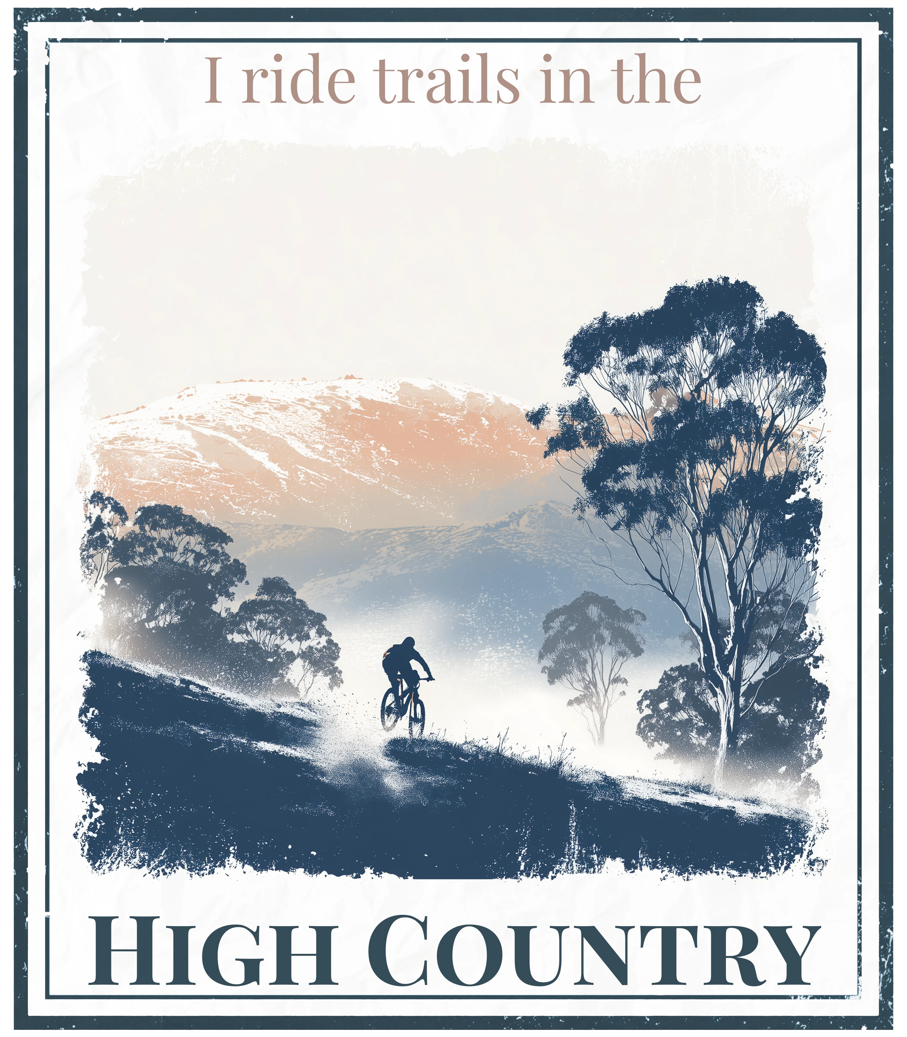 High Country hoodie graphic with cyclist, mountains, trees, and HIGH COUNTRY text