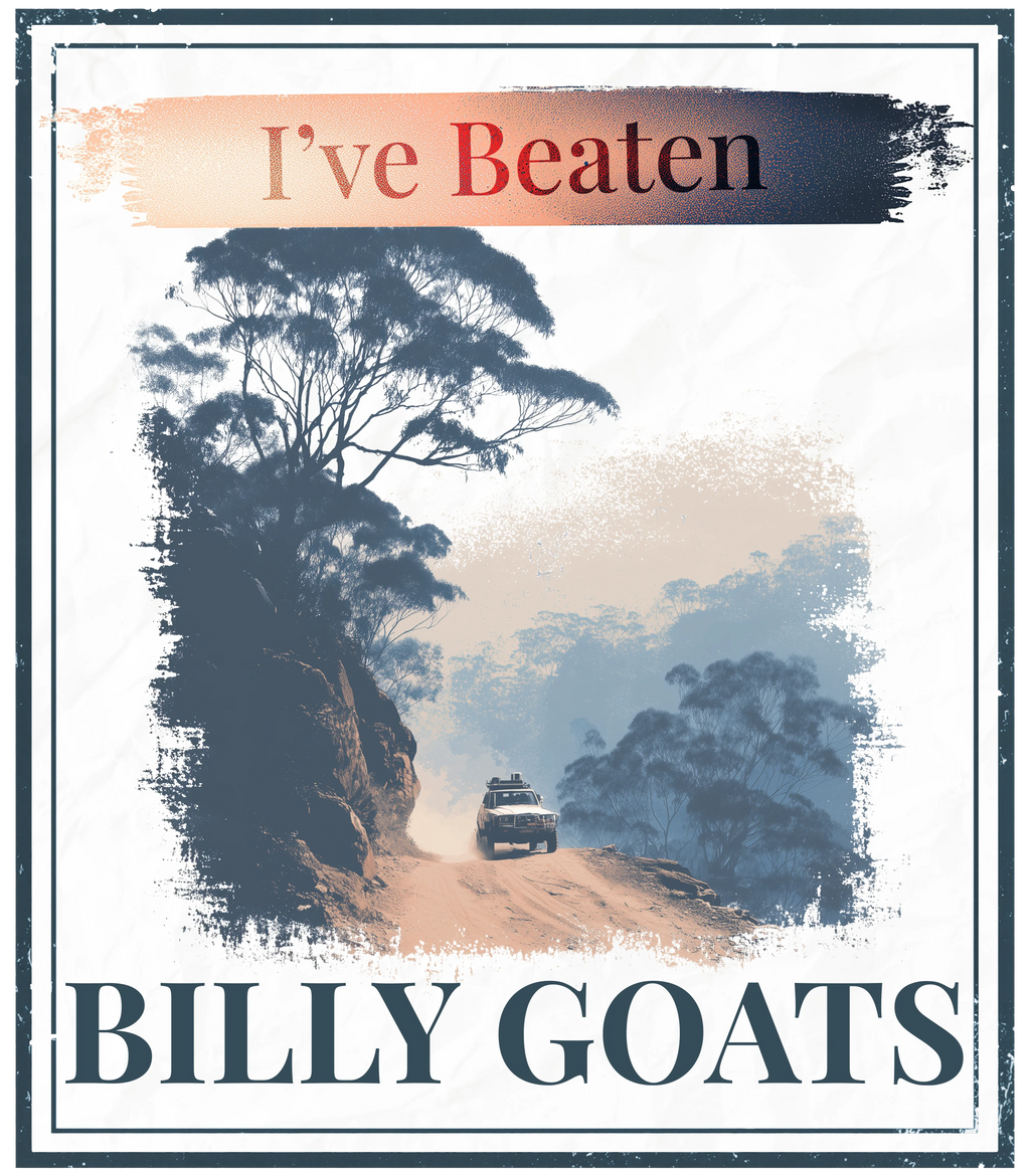 Eco hoodie graphic print reading 'I've Beaten Billy Goats' with landscape scene