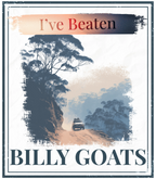 Eco hoodie graphic print reading 'I've Beaten Billy Goats' with landscape scene