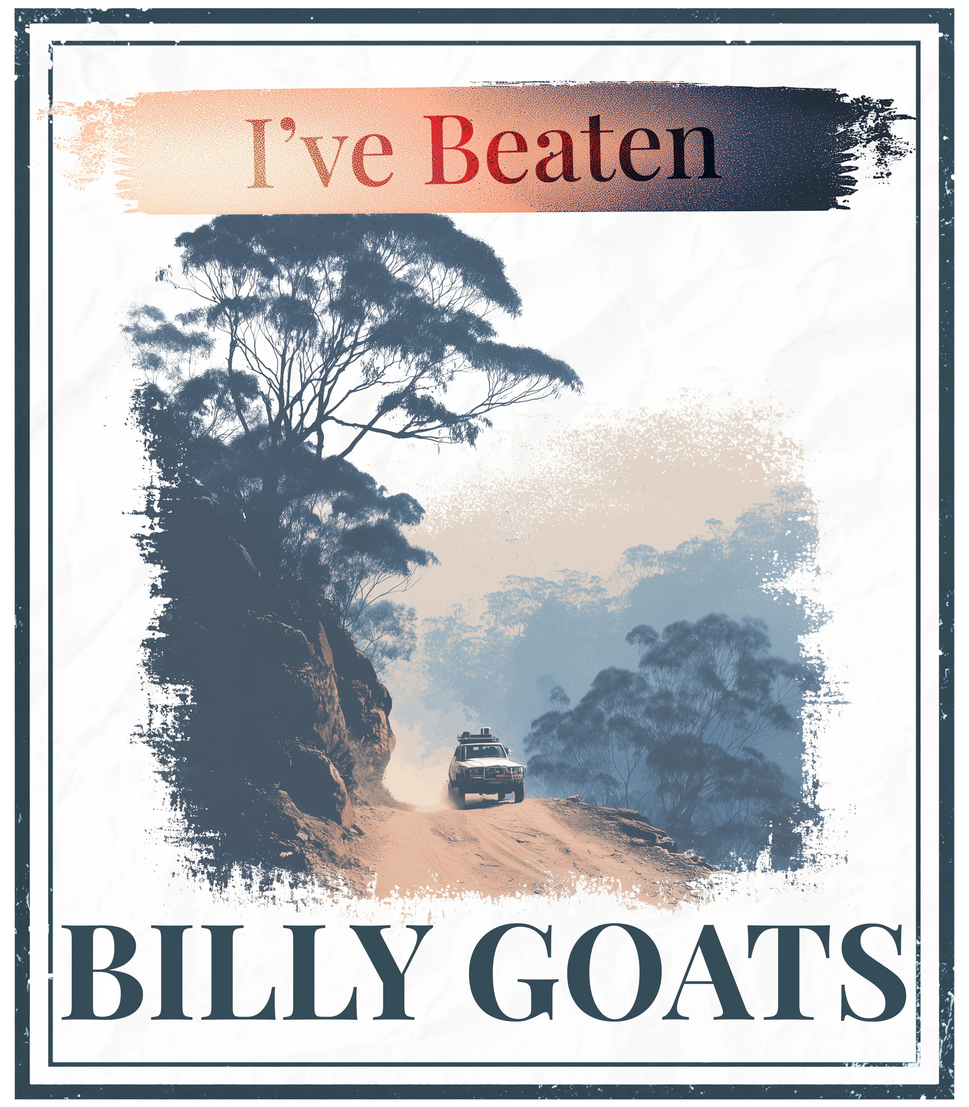 Eco hoodie graphic print reading 'I've Beaten Billy Goats' with landscape scene