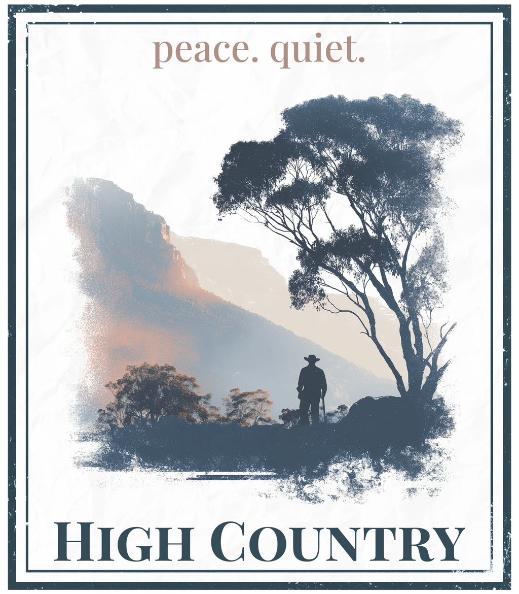 High Country graphic with 'peace. quiet.' and 'HIGH COUNTRY' text
