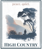 High Country graphic with 'peace. quiet.' and 'HIGH COUNTRY' text