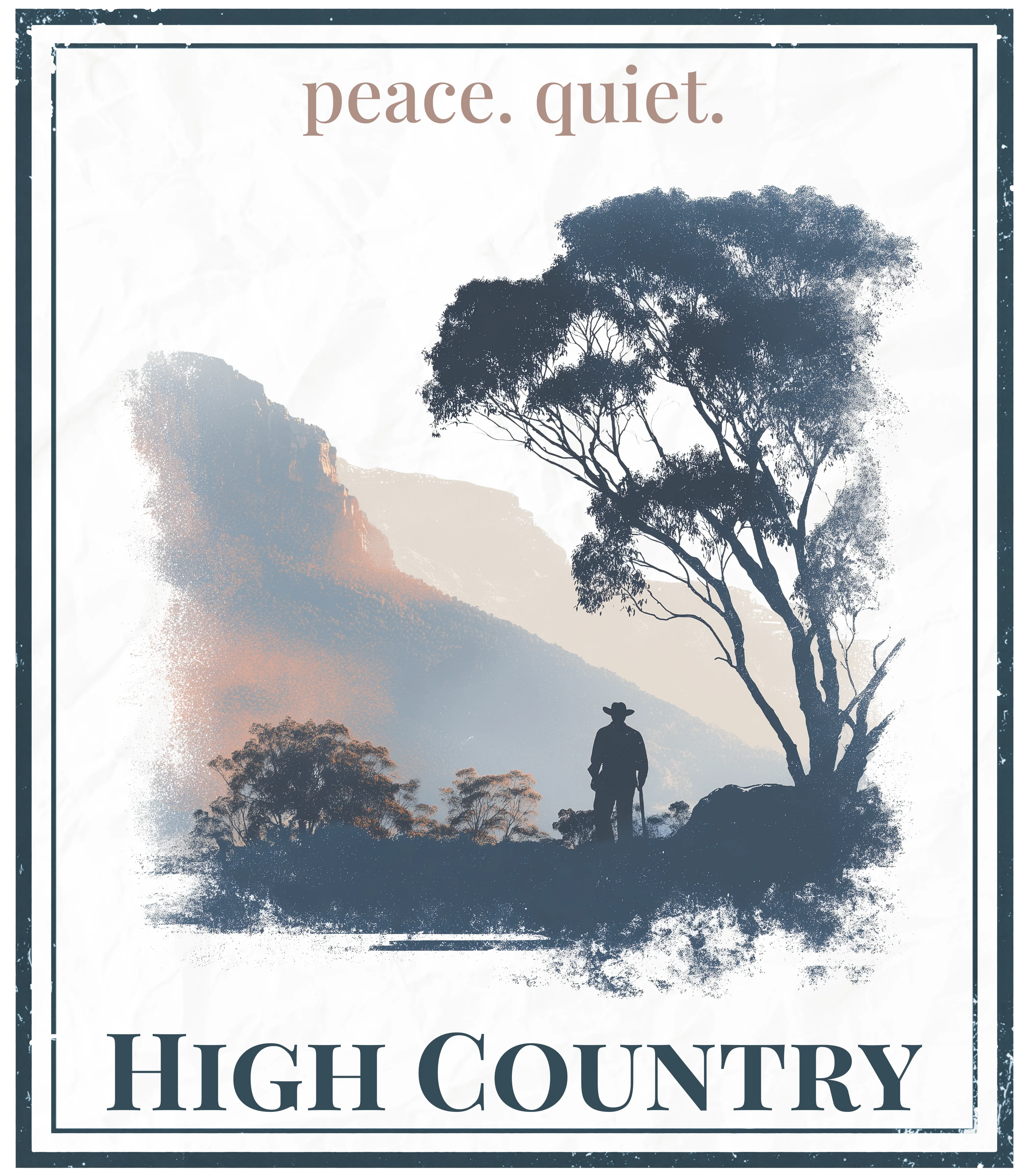High Country graphic with 'peace. quiet.' and 'HIGH COUNTRY' text