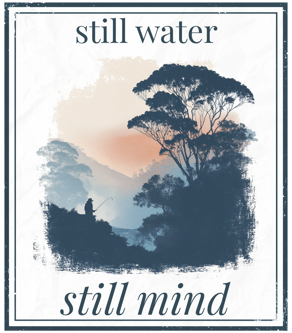 Still water still mind art print with trees, misty hills, and fisherman