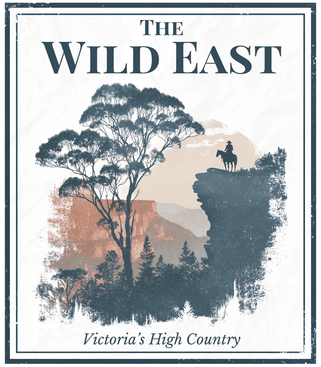 Eco hoodie graphic print with trees, cowboy silhouette, and "Victoria's High Country" text