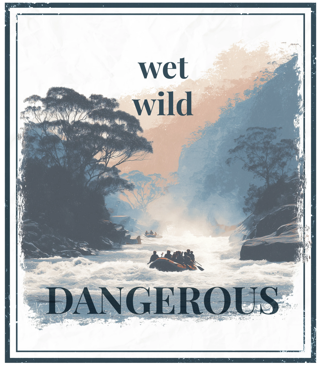 Square outdoor graphic print with 'wet wild' text and large 'DANGEROUS' lettering