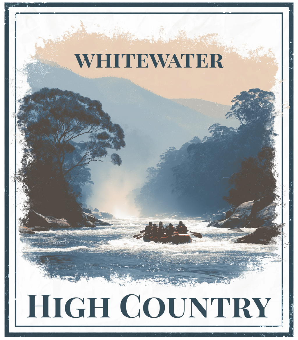 Whitewater High Country poster graphic with raft on river waves and mountain scenery