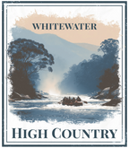 Whitewater High Country poster graphic with raft on river waves and mountain scenery