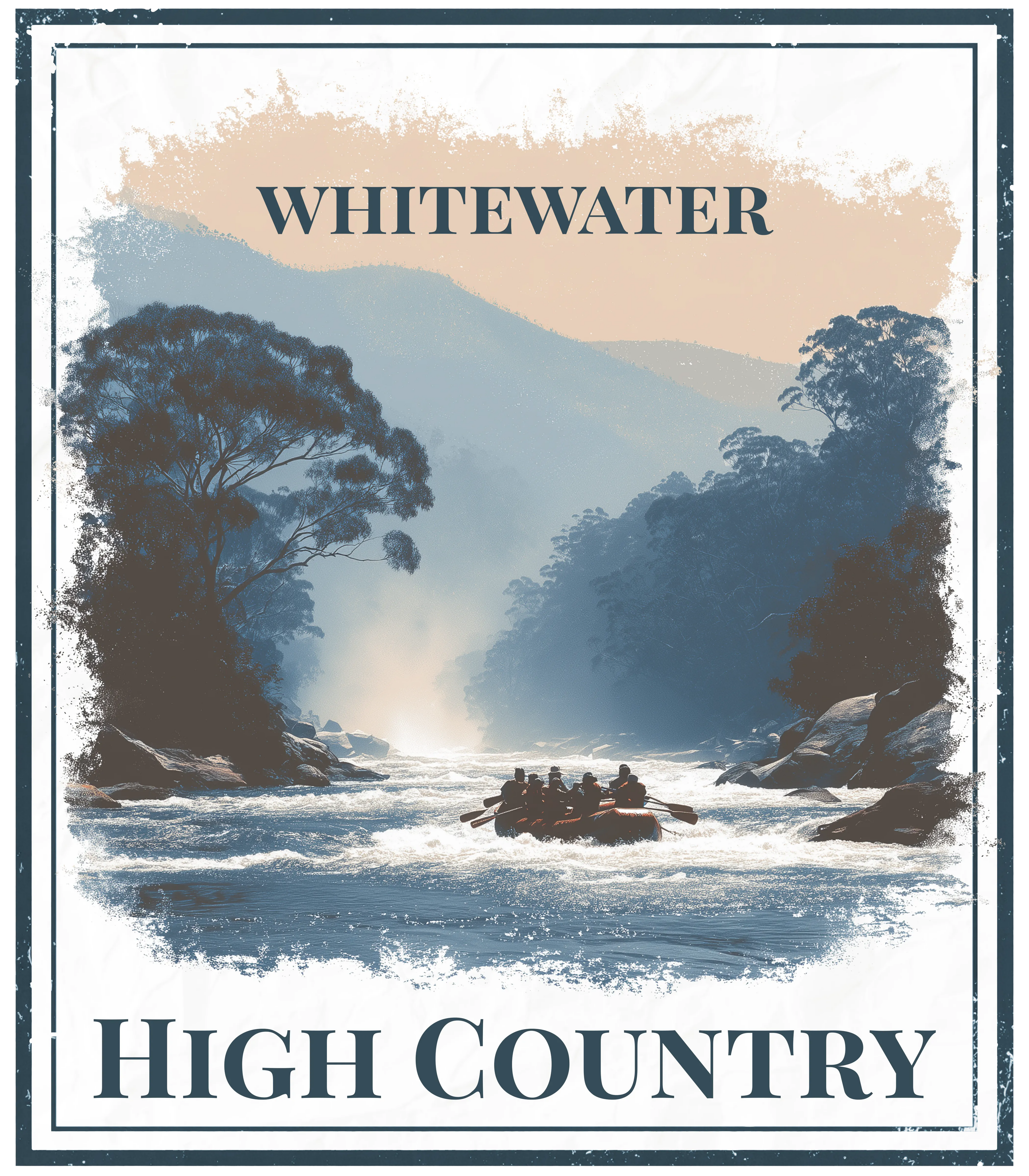 Whitewater High Country poster graphic with raft on river waves and mountain scenery