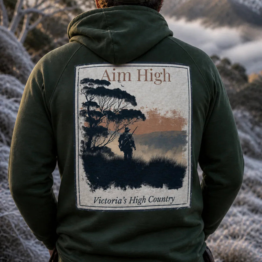 Dark green eco hoodie with large back graphic and drawstring hood