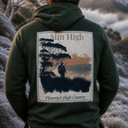 Dark green eco hoodie with large back graphic and drawstring hood