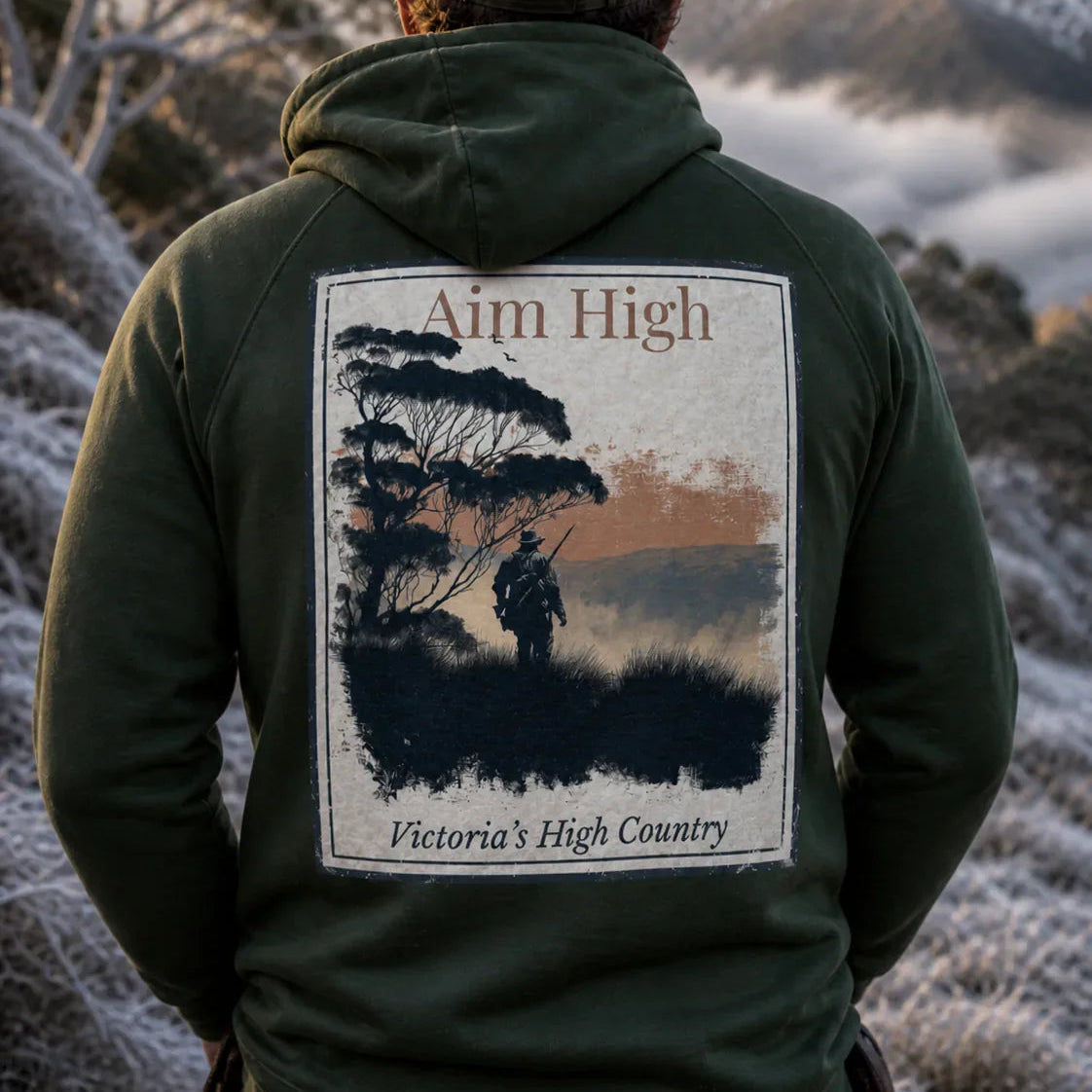 Dark green eco hoodie with large back graphic and drawstring hood