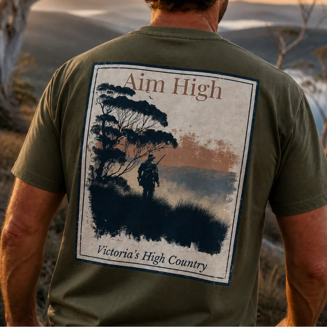 Organic Tee Aim High back: dark olive T-shirt with large graphic print