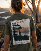 Olive Aim High organic T-shirt, back graphic print with trees and 'Aim High'
