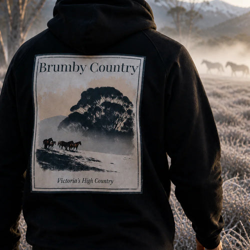 Black eco hoodie with large back graphic print and Brumby Country text
