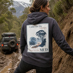 Dark gray hoodie with back graphic panel print, hood, and kangaroo pocket