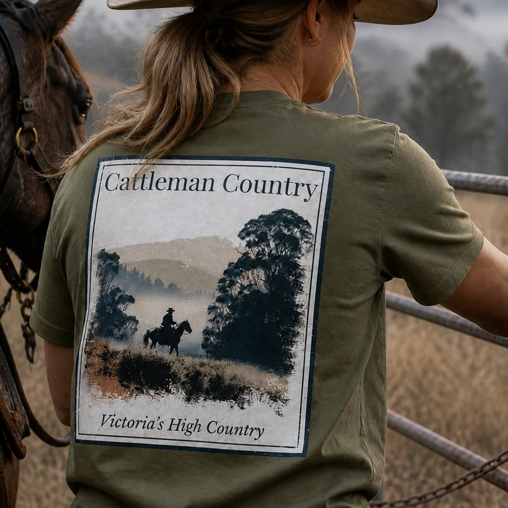 Organic Tee Cattleman Country in olive green with large back graphic “Victoria’s High Country”