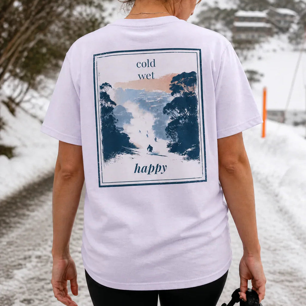 Organic Tee, white: back graphic “cold wet happy”