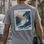 Dark heather grey T-shirt with large back graphic print, “First Chair / Last Run”