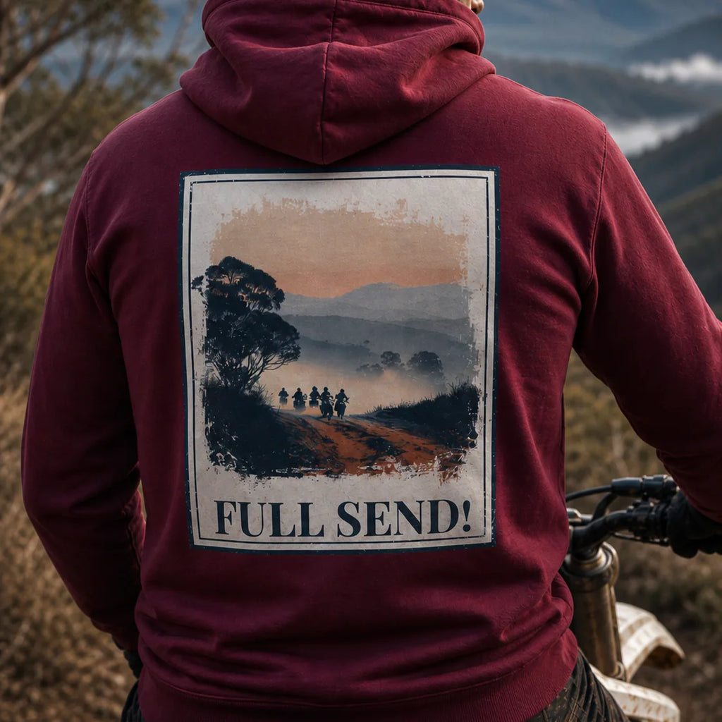 Burgundy Eco hoodie with “FULL SEND!” back graphic