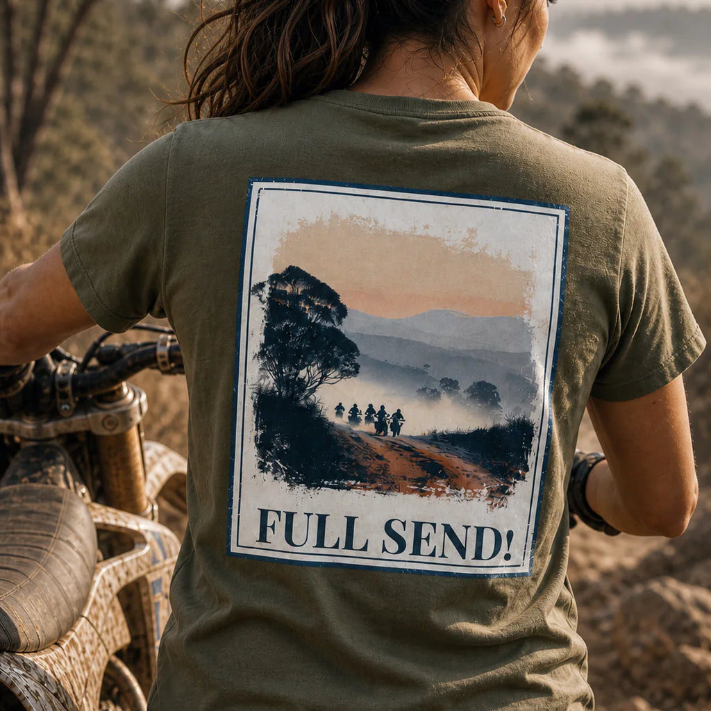 Olive organic tee, back print with landscape and bold “FULL SEND!”