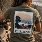 Olive organic tee, back print with landscape and bold “FULL SEND!”