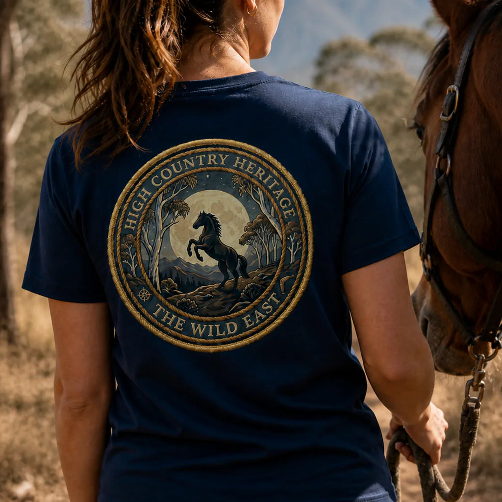 Organic Tee Heritage in French navy, large back graphic seal with horse illustration.