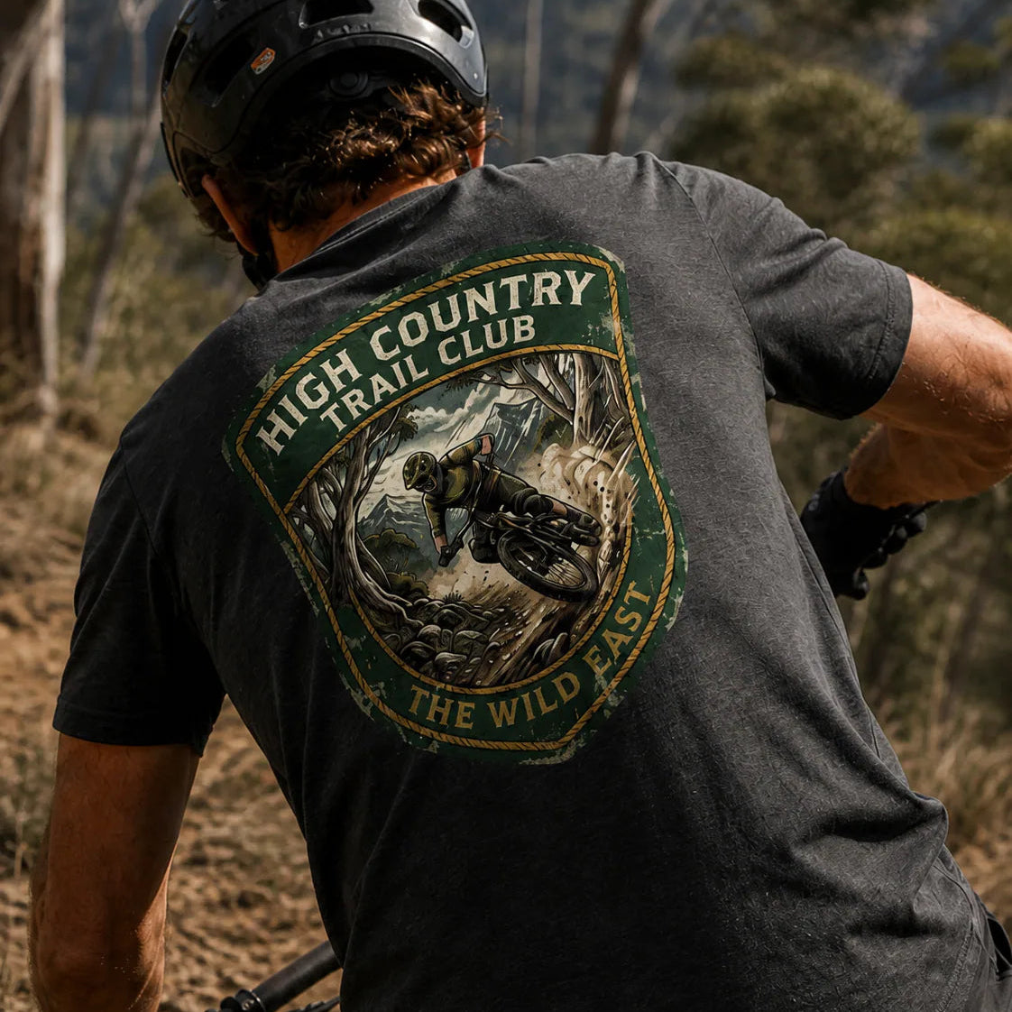 Dark gray organic tee with large back High Country Trail Club graphic