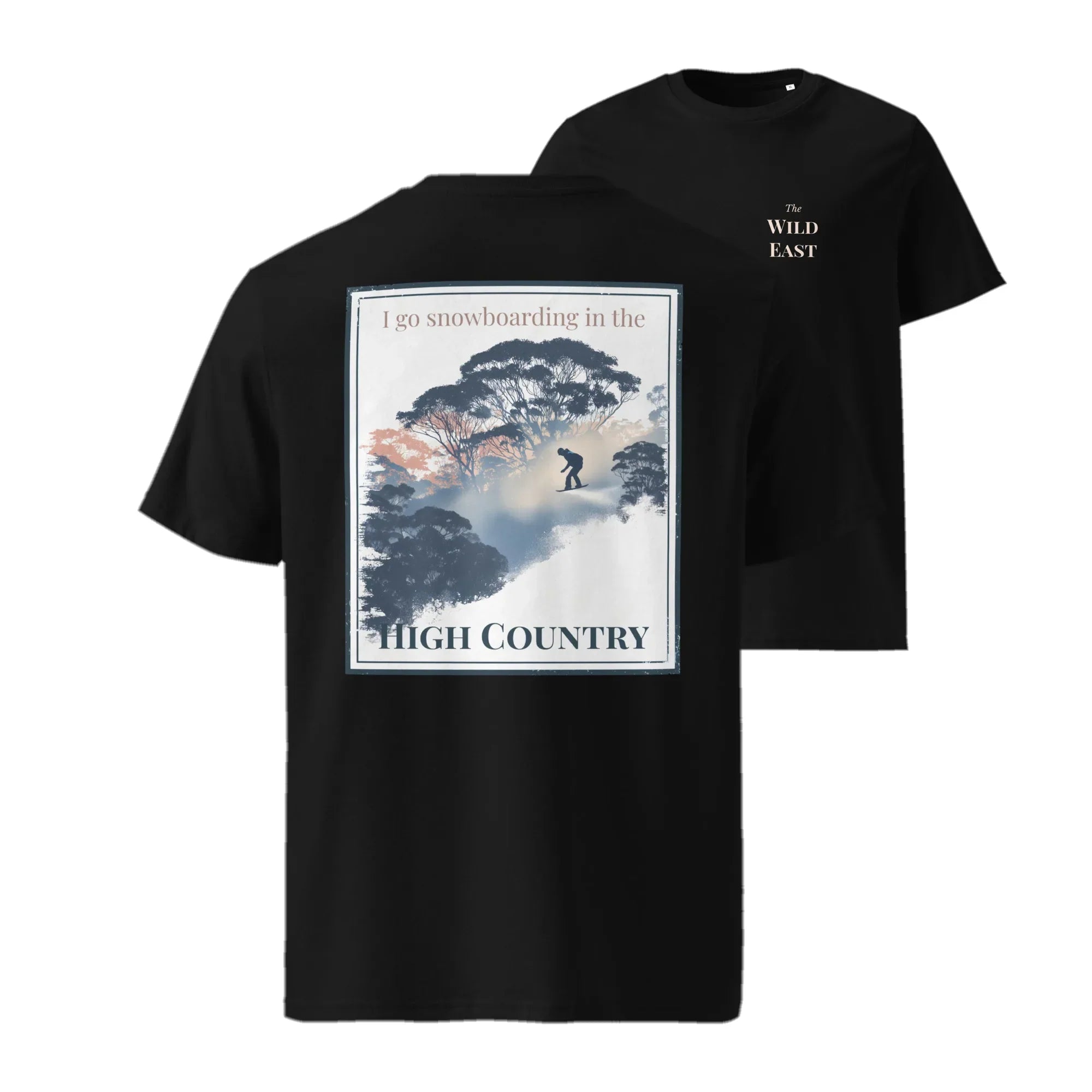 Black organic tee with front 'High Country' snowboard graphic