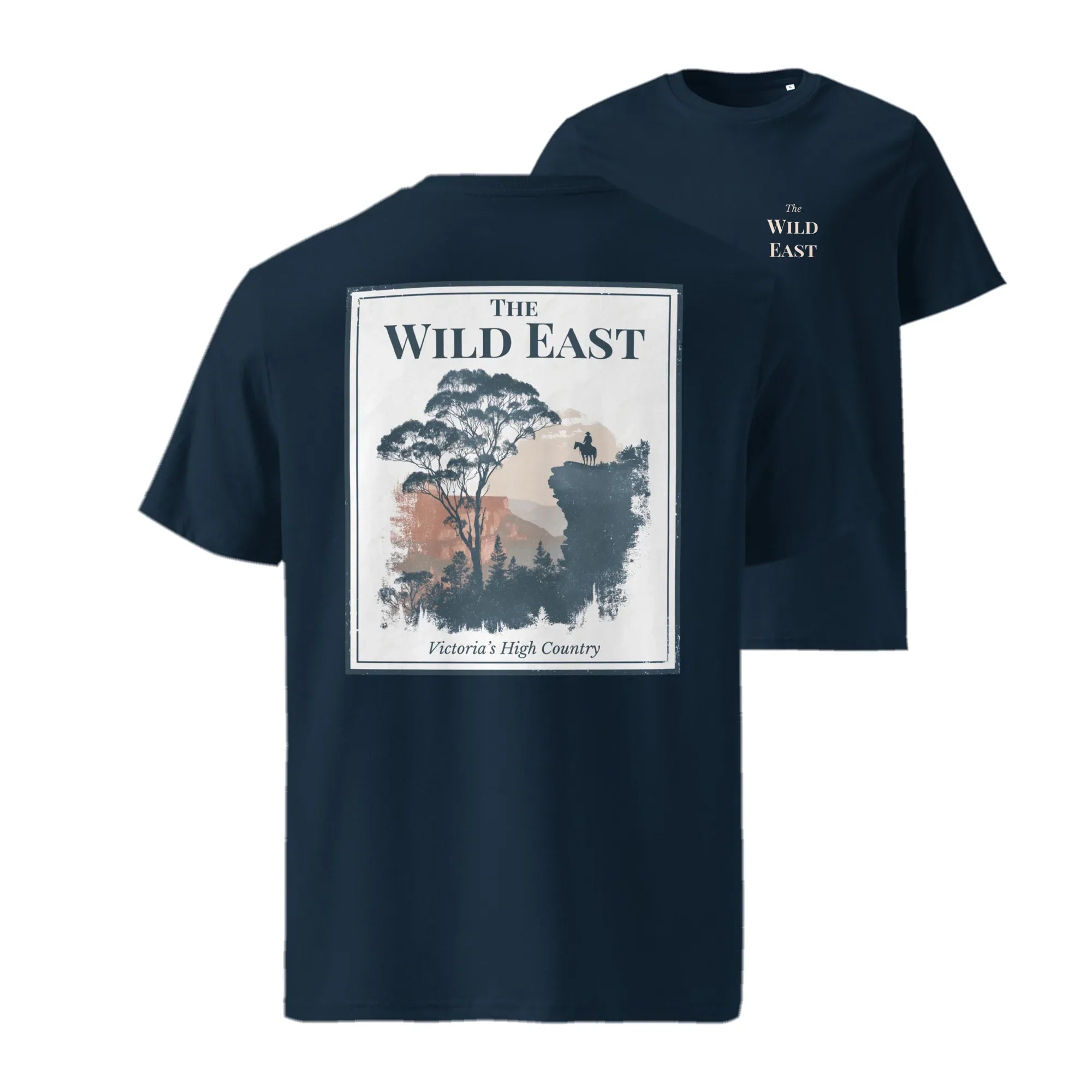 T-shirt organica navy con stampa frontale a riquadro: The Wild East e paesaggio