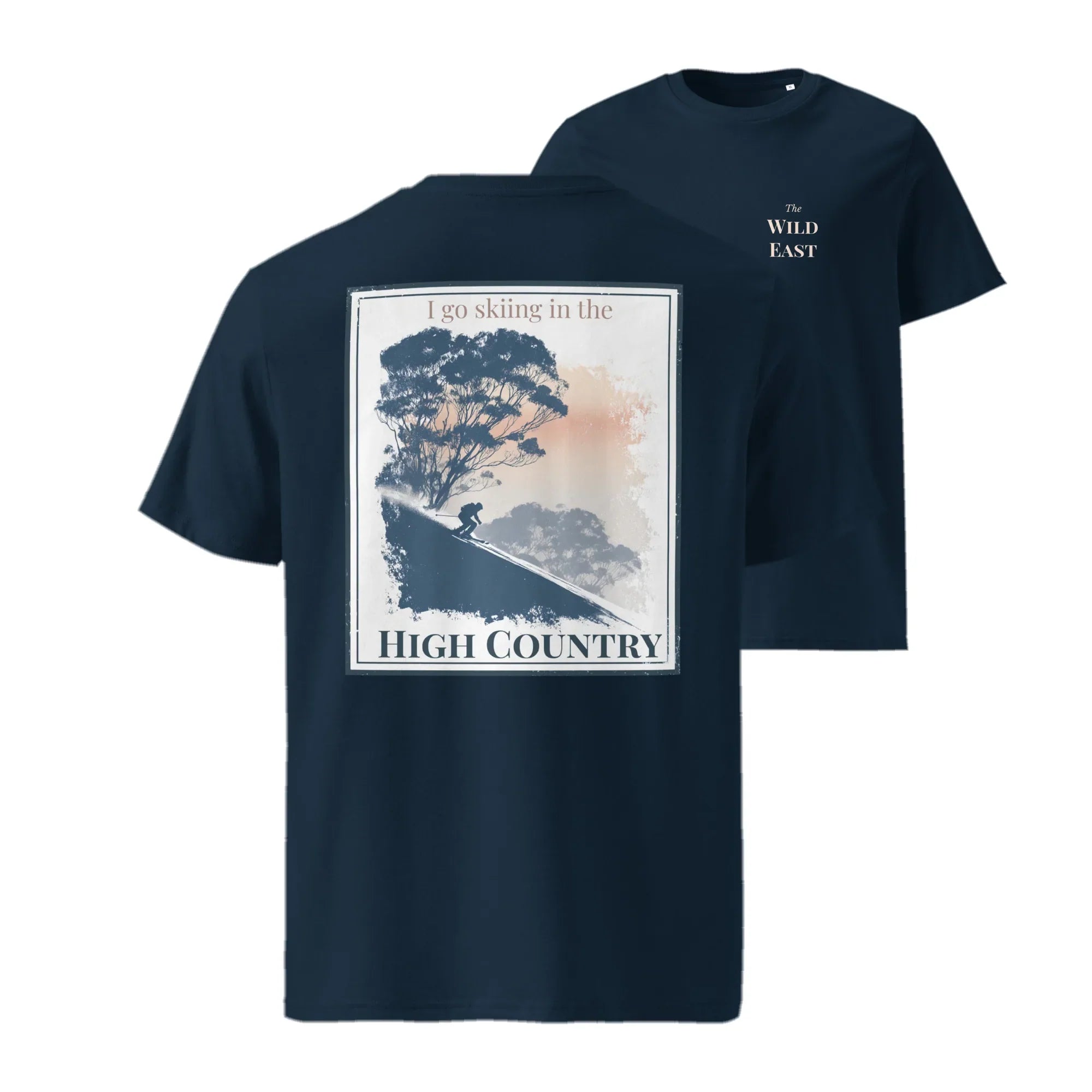 Organic Tee front: chest logo “The Wild East”, graphic “High Country”, dark navy