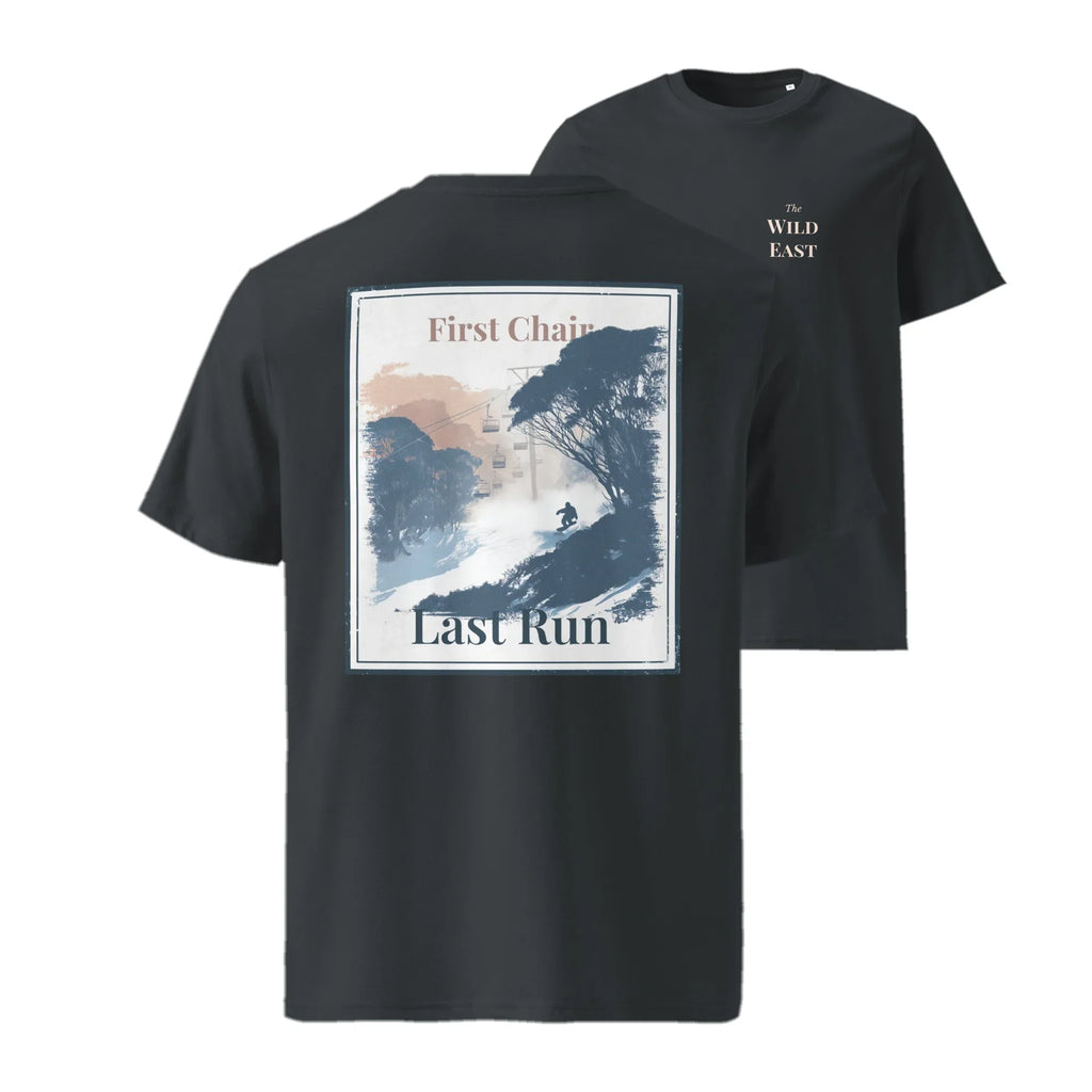 Dark T-shirt in charcoal/black with front square “First Chair / Last Run” graphic
