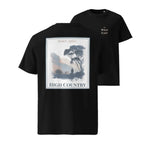 Black organic tee, front “The Wild East” logo and “High Country” landscape print