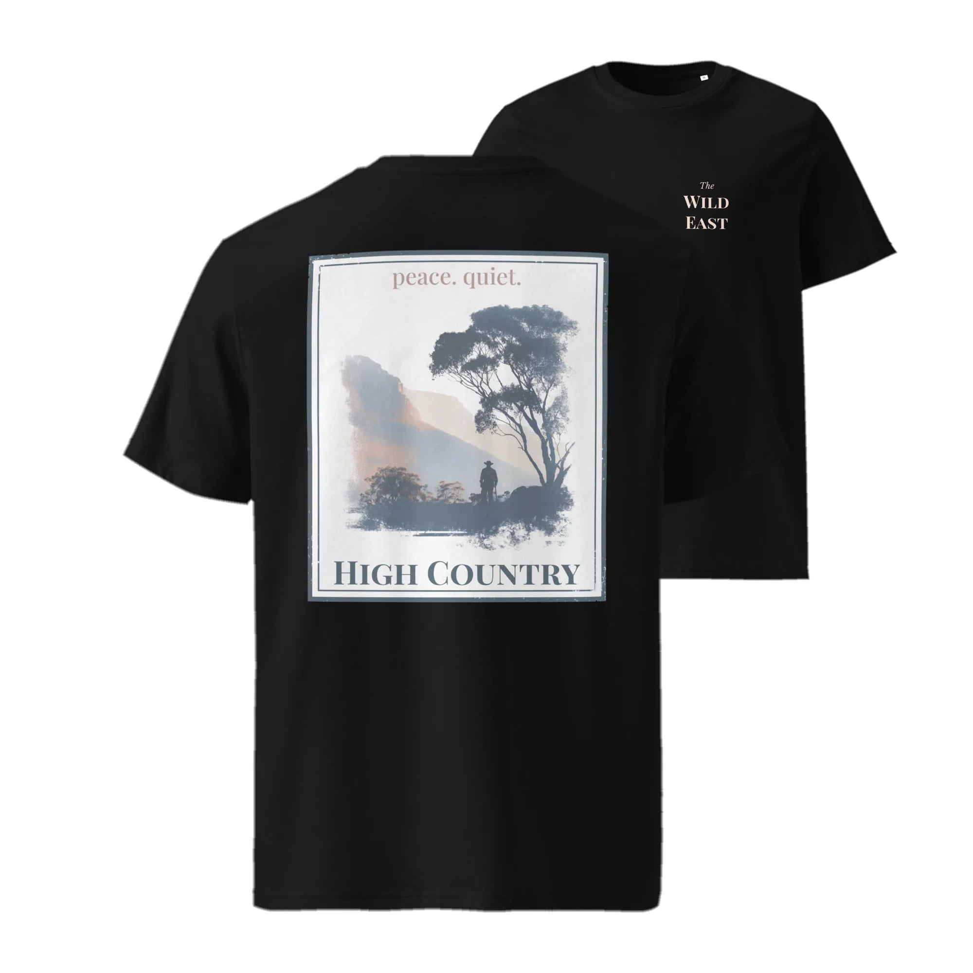 Black organic tee, front “The Wild East” logo and “High Country” landscape print