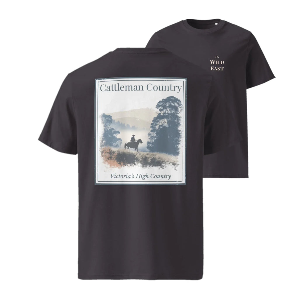 Organic Tee Cattleman Country, black crewneck with front graphic “Victoria’s High Country”