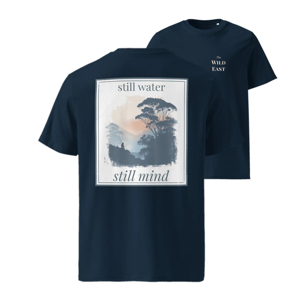Organic T-shirt, French navy, front view with "still water / still mind" artwork
