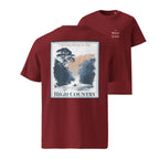 Burgundy organic tee, front graphic: I go kayaking in the High Country