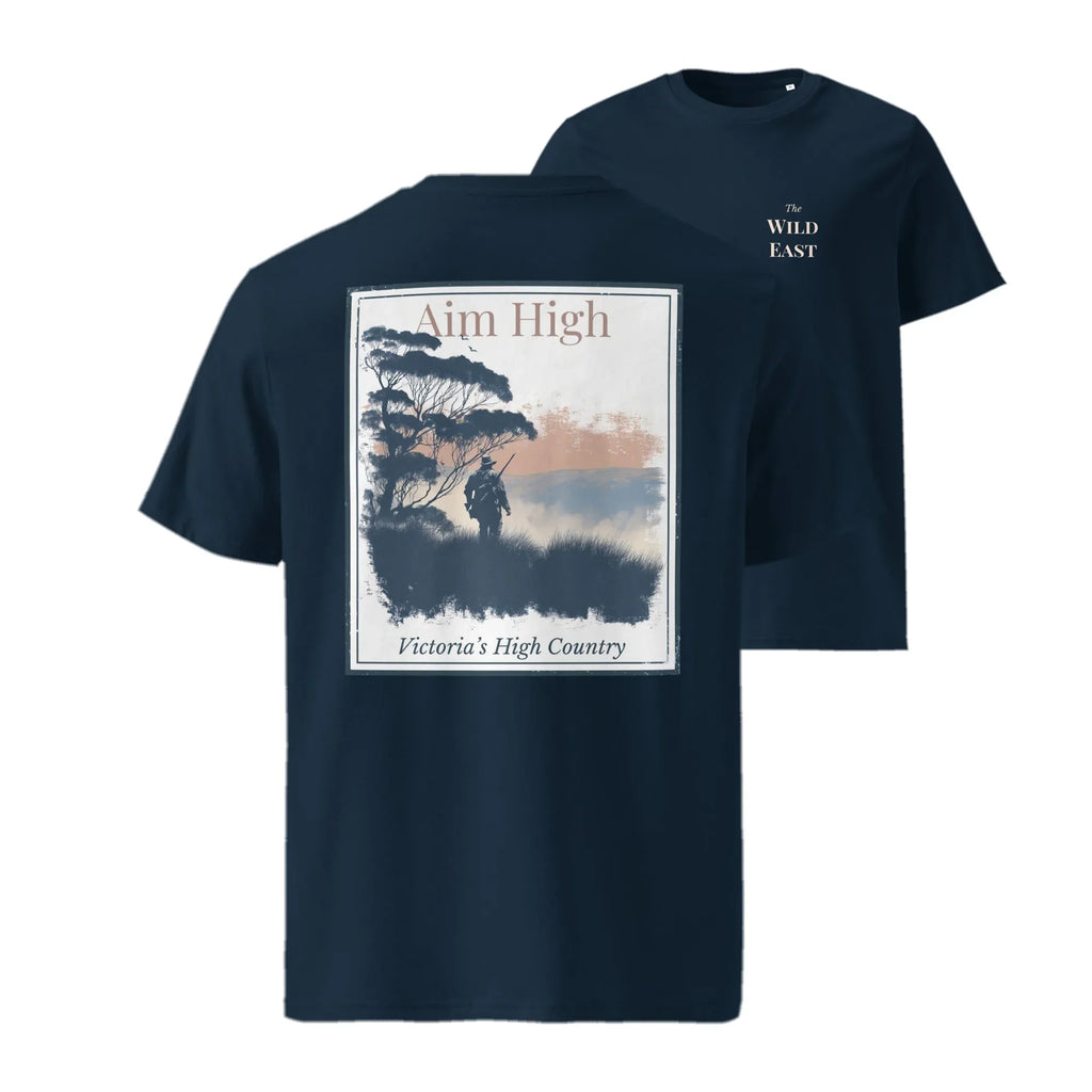 Aim High T-shirt front in French navy: large chest graphic and small The Wild East